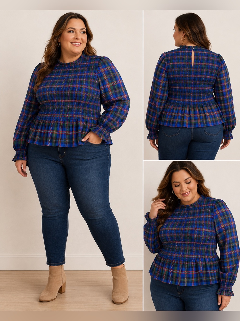 NEW‎ Old Navy Plaid Smocked Peplum Blouse Preppy Classic Academia Cotton Cottage